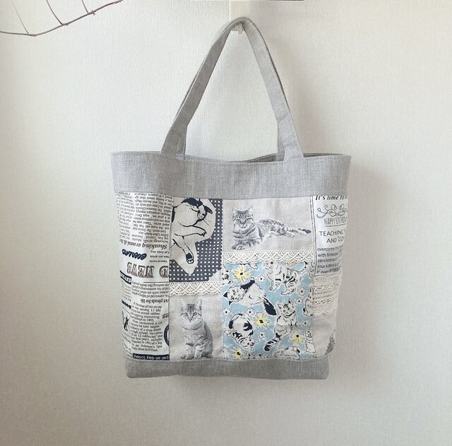 パッチワークバッグ　 小さなトートバッグ ハンドメイド　猫 パッチワークバッグ 小さなトートバッグ ハンドメイド 猫