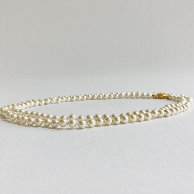 ガラスパール2連オールノットネックレス/6mm約46/50cm/クリーム/made in japan/vintage