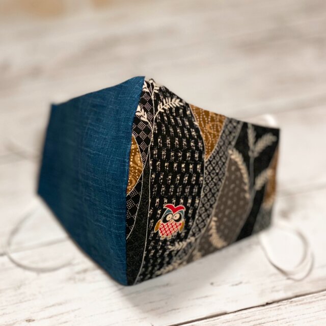 tiotioプレミアム加工　立体マスク　大きめ大人用　【和柄・フクロウ】