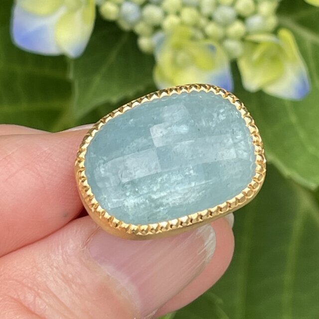 アクアマリン　横長オーバル　チェックカット シルバーSV925リング