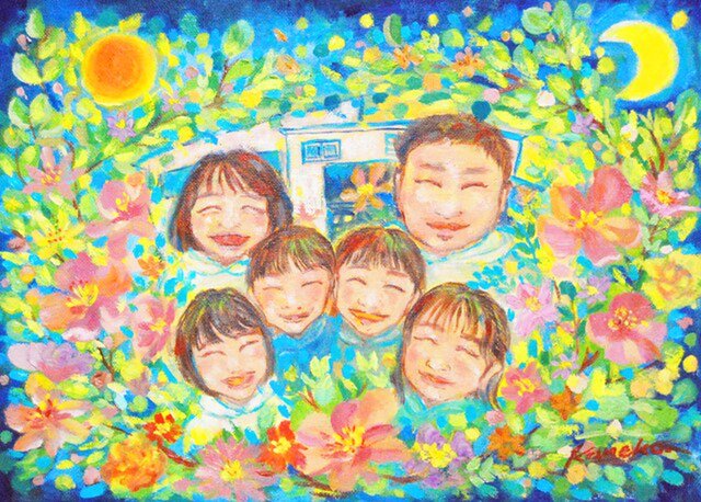 いつまでも家族仲良く過ごせますように」家族の肖像 似顔絵 油彩画 F4