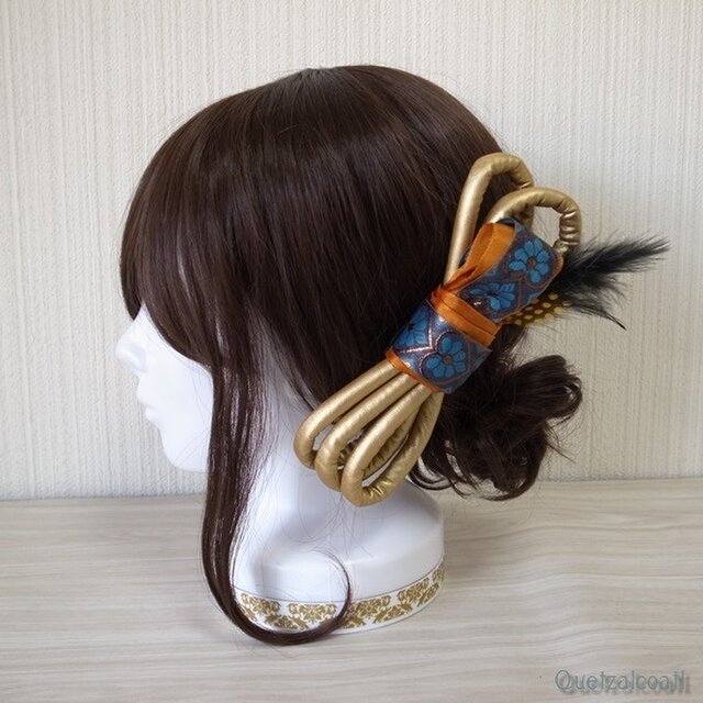 メタリックレザーチューブ×刺繍リボンのヘアリボン (ゴールド)の画像1枚目