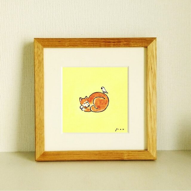 犬のイラスト「仲良し」原画　 ※木製額縁入り (18㎝角）