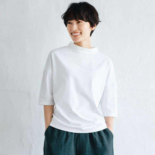 気付けば手に取る コットンカットソー ボトルネック7分袖Tシャツ