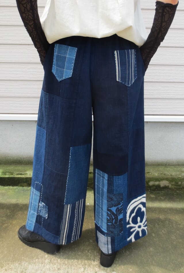 藍染 絣 刺し子 日本の古布 ワイドパンツ ハンドメイド-