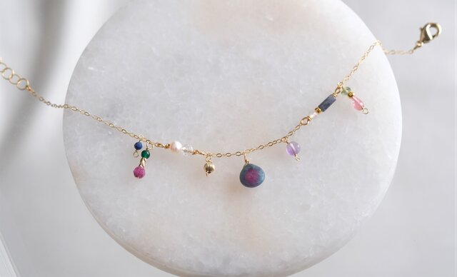 【Ruby】ソルベトーンクォーツのゴムブレスレット Ruby in zoisite bracelet：ルビーインゾイサイト チェーン