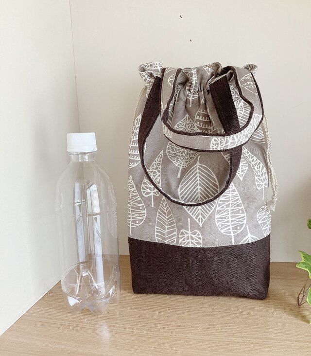 保温保冷シート付き巾着型エコバッグ（リーフ・ブラウン）