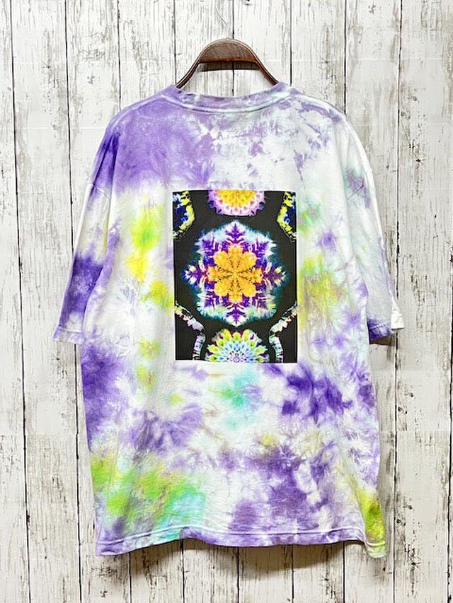 タイダイ染め　ビッグシルエット Tシャツ　Lサイズ　ムラ染め 曼荼羅プリント　パープル×イエローグリーン HD16-77
