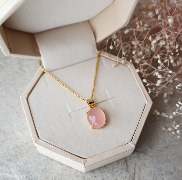 14kgf 高品質トロレアイト×ピンクカルセドニー 14kgf】宝石質ピンクカルセドニーの一粒ネックレス(オーバル