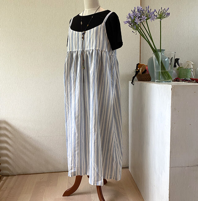 SALE キャミワンピ Lサイズ 白にブルーストライプ