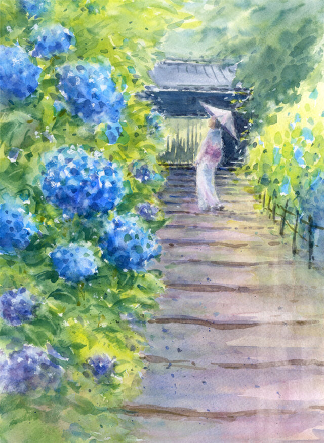 水彩画「紫陽花」 - 絵画/タペストリ