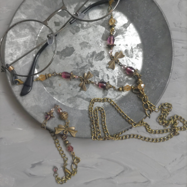 金古美リボンの大人可愛いムラサキのアンティーク調グラスコードとブレスレット 6101125