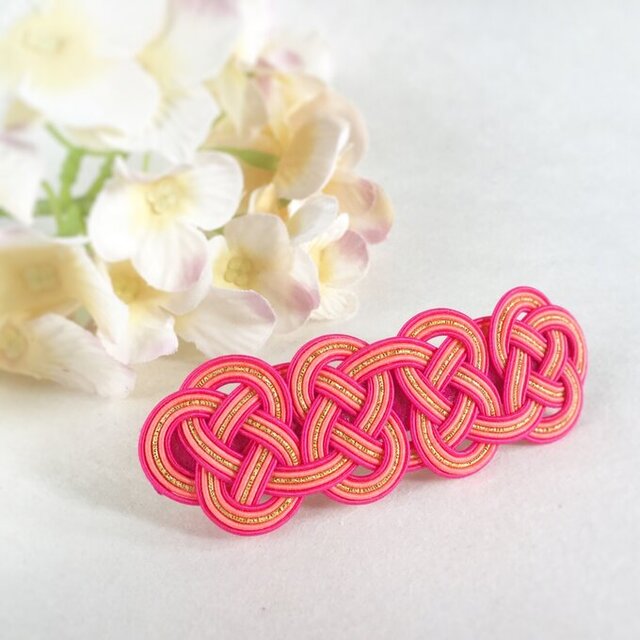 水引【マラケシュの街角で】バレッタ　ピンク　バラ色　エスニック　オリエンタル