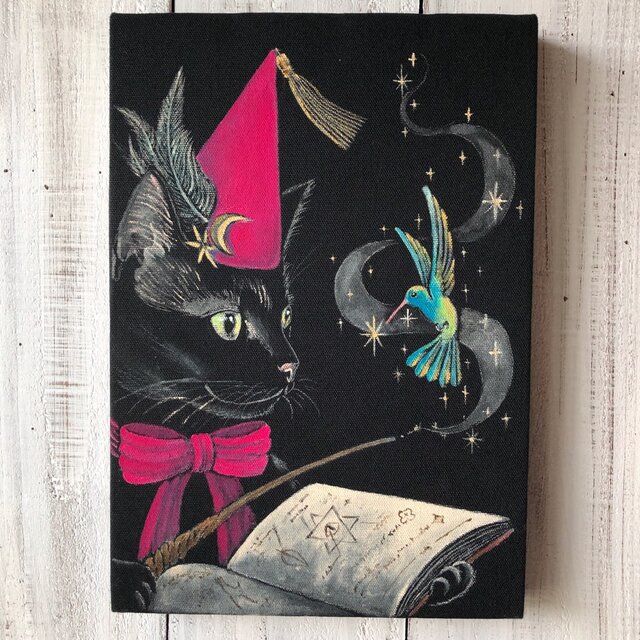 黒猫　愛猫の誕生日　アクリル画　開運絵画