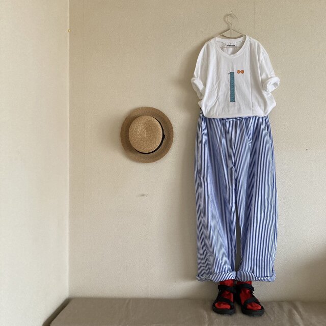 【送料無料】コットン100ストライプストレートパンツ