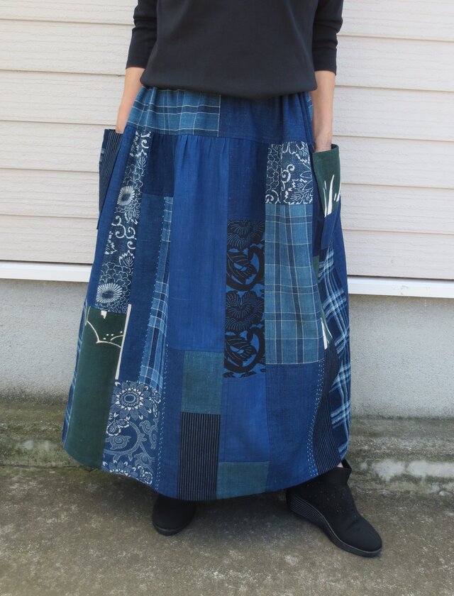 【Y様専用】 古布リメイク 2段ギャザースカート 藍染 型染 格子木綿 着物リメイク 綿100％ | iichi ハンドメイド・クラフト作品