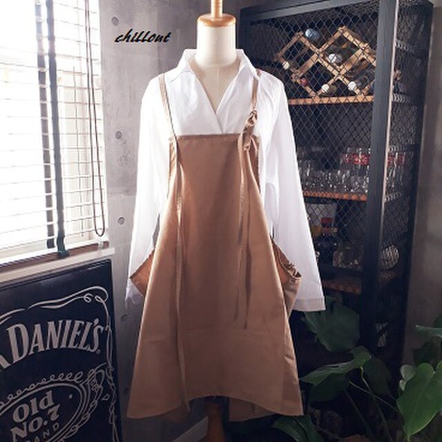 【背中がかわいい】チュニックカフェエプロン：ナッツ【0350】