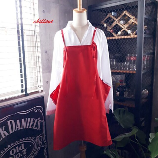 【背中がかわいい】チュニックカフェエプロン：トマト【0351】