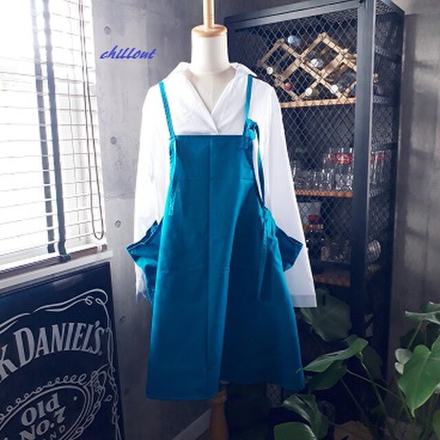 【背中がかわいい】チュニックカフェエプロン：ブルーハワイ【0352】