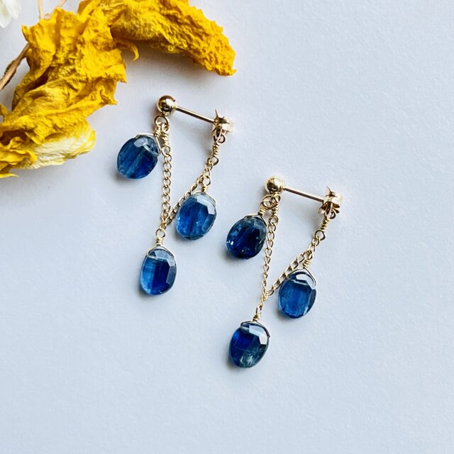 カイヤナイト の シャンデリアピアス  14kgf　夏色