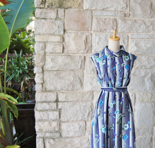 花柄（ボタニカル）× ブルー ストライプ ロールカラー ロング