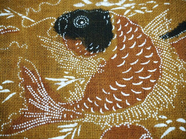 １０★型染 古布 リメイク 朱入り 藍色 アンティーク★ 厚手藍木綿型染朱入点描七宝繋ぎ菊唐草文古布・4幅