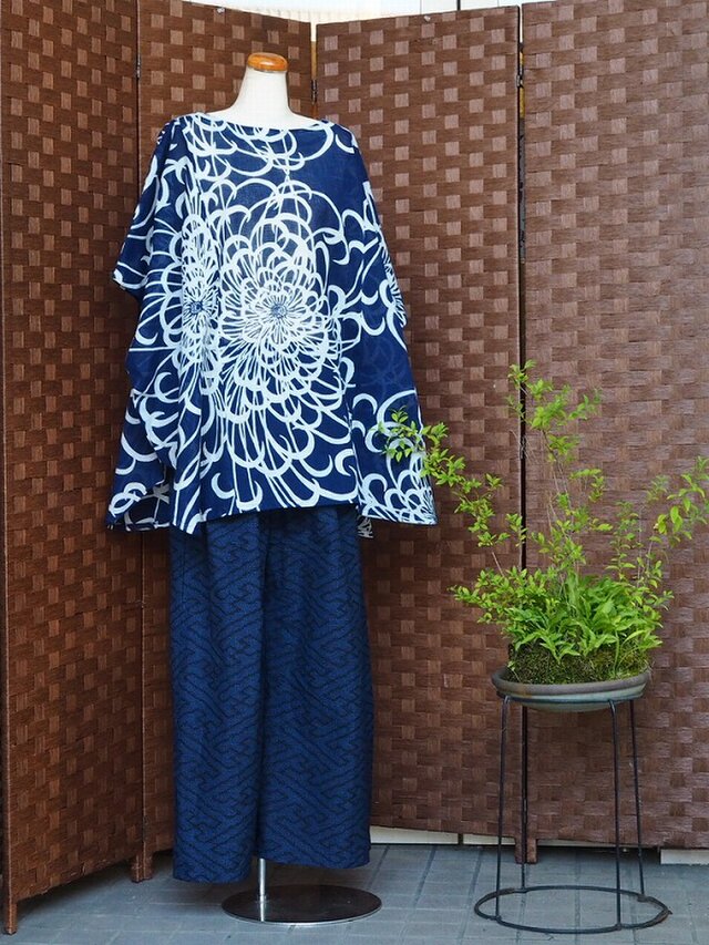 0005 着物リメイク 紬をワイドパンツにリメイク「卍繋ぎ文様」 kimono