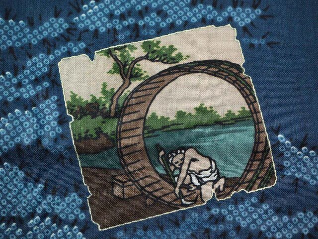 mh0006 北斎 東海道五十三次文様 メリンス モスリン生地 74cm巾×100cm