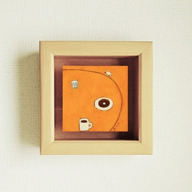 白文鳥のいる絵｜原画「おやつの時間」※木製ボックス額縁入り