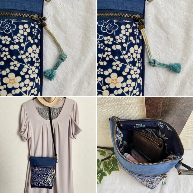 着物リメイク マチ5㎝ポシェット 紺色 花柄 ハンドメイド | iichi ハンドメイド・クラフト作品・手仕事品の通販