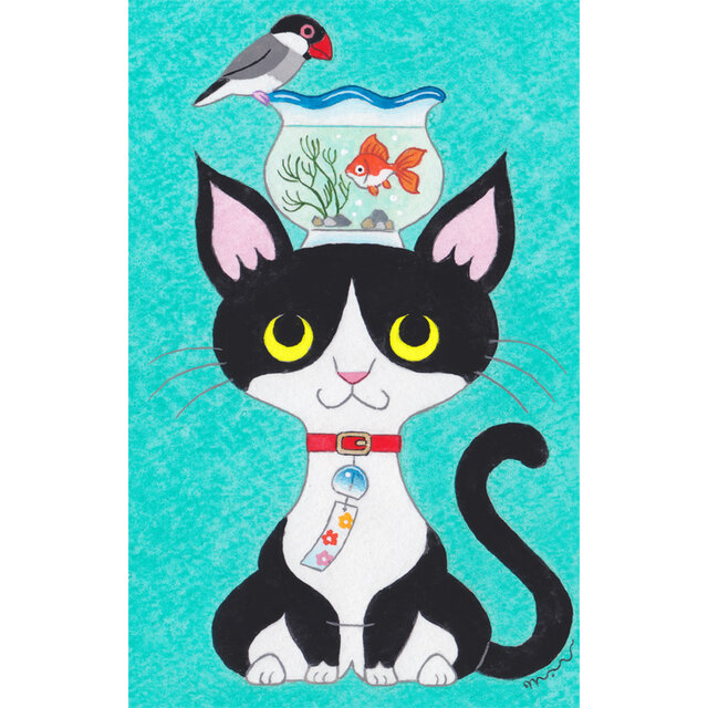 原画「三毛猫と小鳥のポップアート」北欧 イラスト 猫 絵画 文鳥