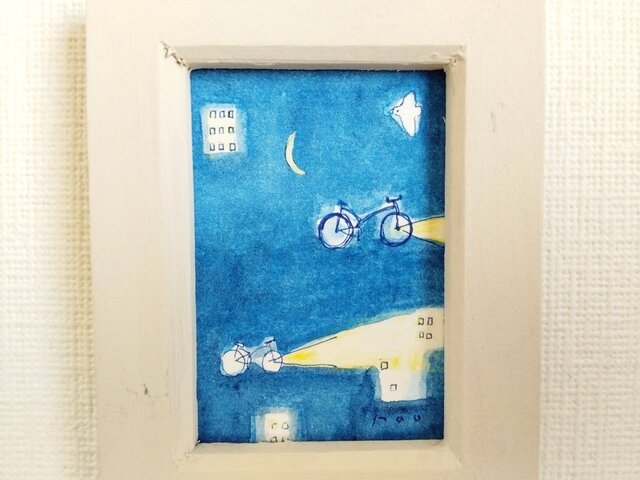 原画「月明りの夜」水彩イラスト ※木製額縁入り