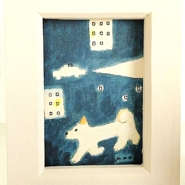 ミニ原画・イラスト】「夜の散歩」 ※木製額縁入り 犬の絵・水彩・ペン