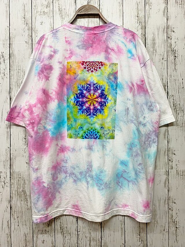 タイダイ染め　ビッグシルエット Tシャツ　Lサイズ　ムラ染め 曼荼羅プリント　ピンク×ブルー  HD16-94