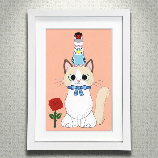 絵本作家の原画「原画「猫と花と小鳥ブレーメン ラグドール」