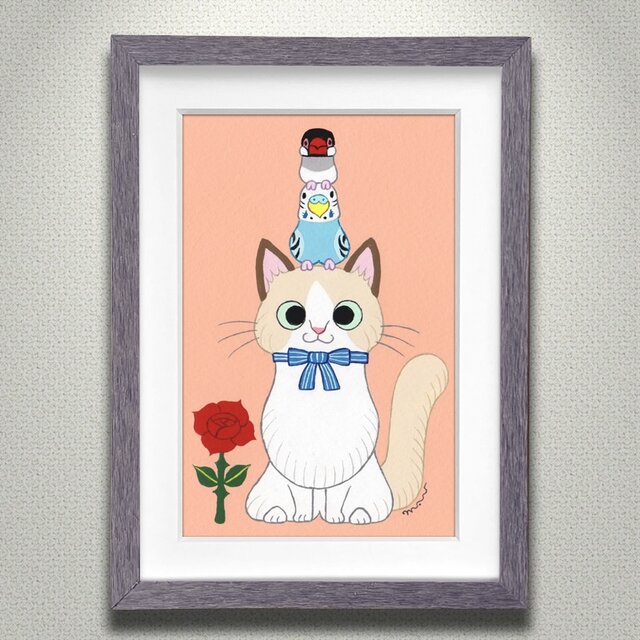 絵本作家の原画「原画「猫と花と小鳥ブレーメン ラグドール」 | iichi