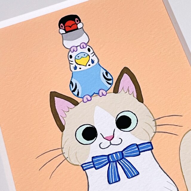 絵本作家の原画「原画「猫と花と小鳥ブレーメン ラグドール」 | iichi