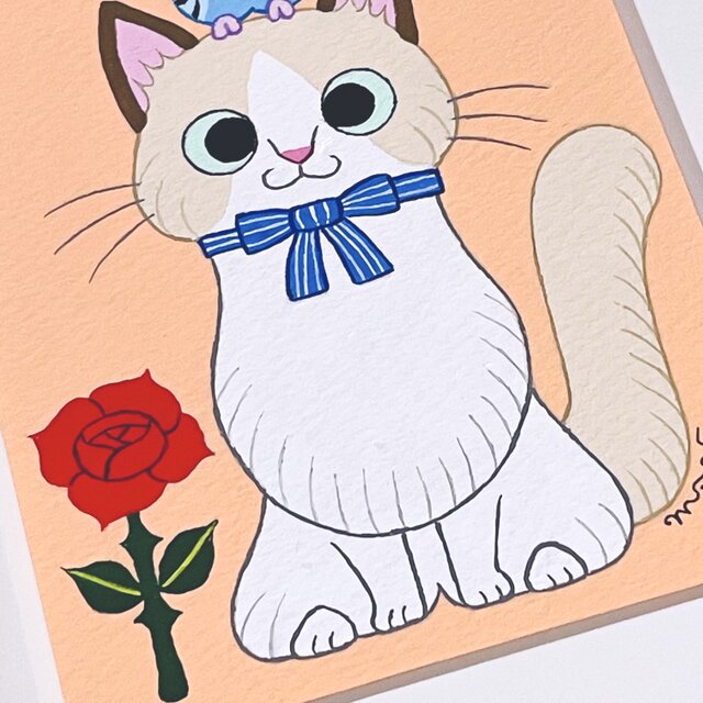 絵本作家の原画「原画「猫と花と小鳥ブレーメン ラグドール」 | iichi