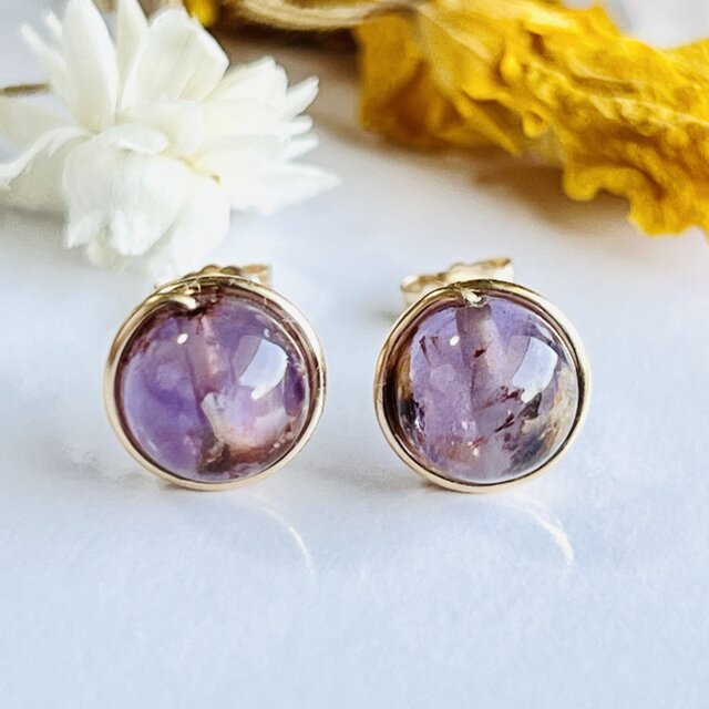 アメジスト　ベルカービング＆淡水パールとアメジストのピアス　14kgf アメジスト ベルカービング＆淡水パールとアメジストのピアス