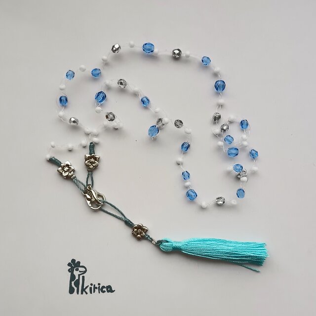 タッセルと花の涼しげなマスク＆グラスコード・ラリエット(#1008)(ブルー)