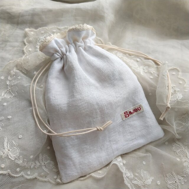 アンティークリネン*巾着ポーチ*フランス