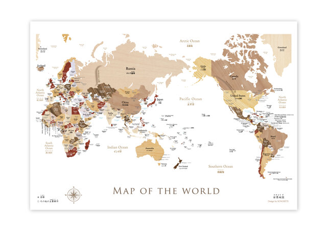 寄木風木目調のおしゃれな世界地図ポスター日本語＆英語表記 A1サイズ