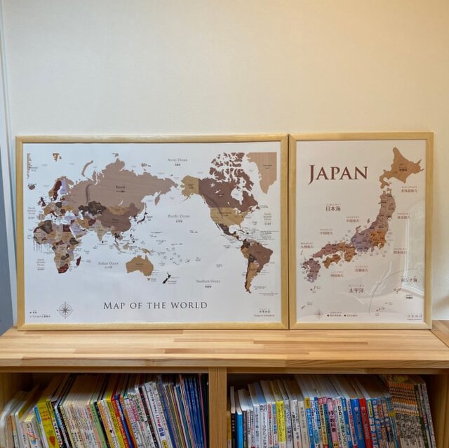 寄木風木目調のおしゃれな世界地図ポスター日本語 英語表記 A1サイズ Iichi ハンドメイド クラフト作品 手仕事品の通販