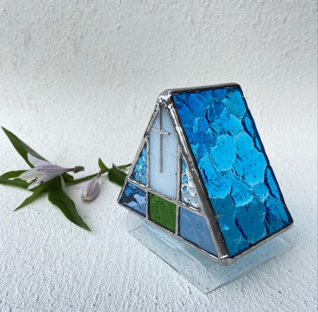 ステンドグラス キャンドルホルダー 紫陽花 花 あじさい青 ブルー 瑠璃色 綺麗 大正ロマン♪ステンドグラスみたいなアロマキャンドル［紫陽花を