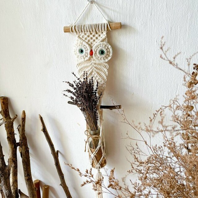 フクロウのマクラメタペストリー プレゼント 壁 飾り | iichi
