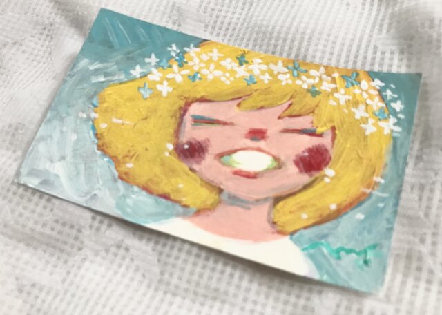 お花の女の子」手描きのミニイラスト☆名刺サイズ絵画 | iichi