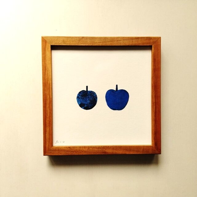 絵画｜原画「apple」 ※木製額縁入り　(18×18㎝フレーム）インテリアアート　