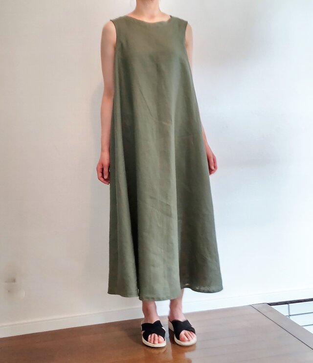 リネンマキシ丈　Aラインワンピース　オリーブ