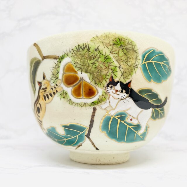 京焼　抹茶碗　栗と猫