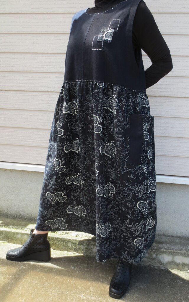 古布リメイク　2wayジャンバースカートワンピース　藍染　型染　刺し子　時々堂　ゆったりサイズワンピース